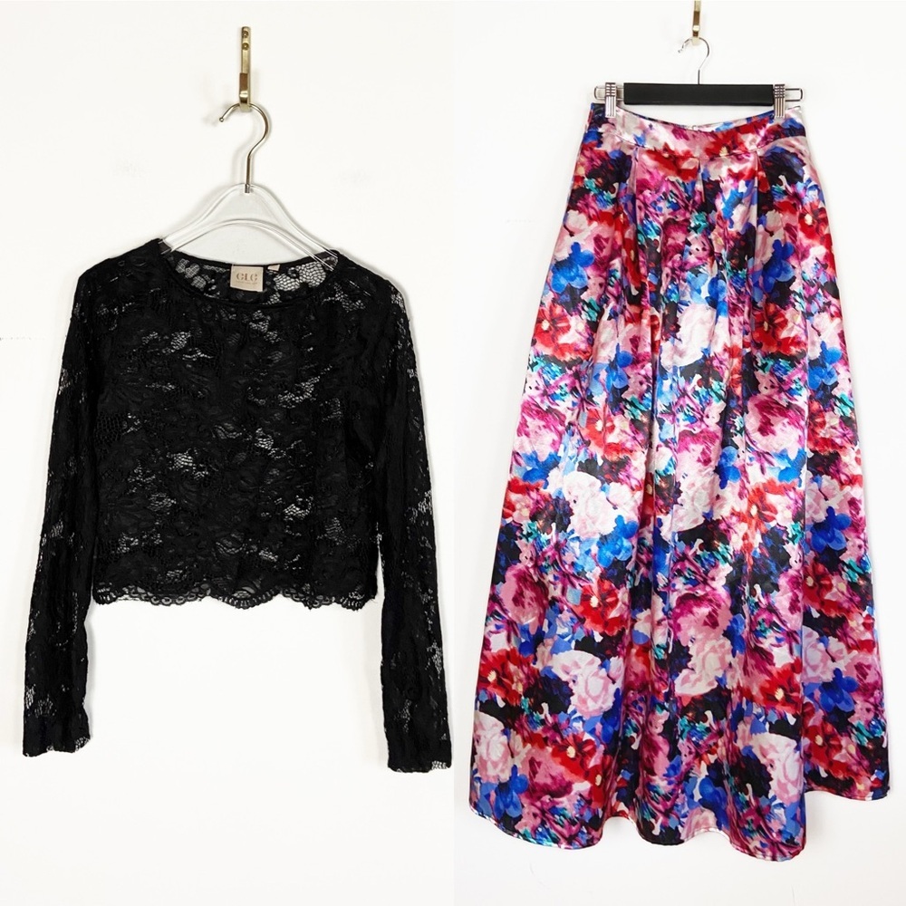 GLG Lace Top + Teeze Me Floral Maxi Skirt Boho Feminine Outfit Set size S/M